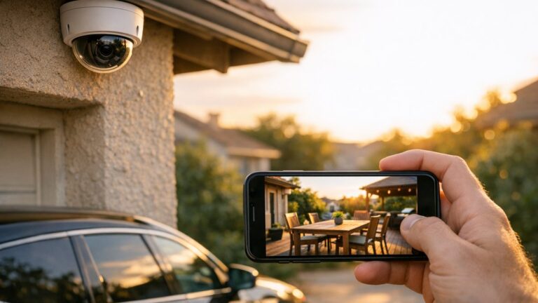 Il installe une caméra au coin de son garage pour protéger sa voiture : sur l'écran du téléphone, la terrasse des voisins apparaît en entier