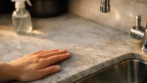 Il nettoie son plan de travail en marbre au vinaigre blanc depuis l'été : en octobre, des taches mates et rugueuses apparaissent près de l'évier