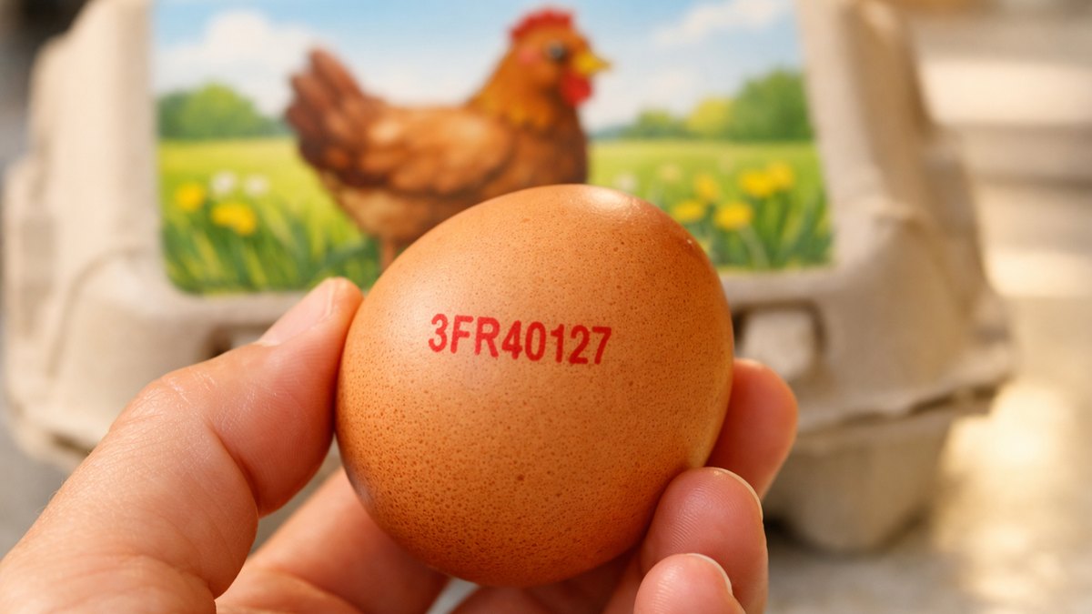 Il paie ses œufs plus cher pour une poule dessinée dans un pré : sur la coquille, le code tamponné commence par un 3