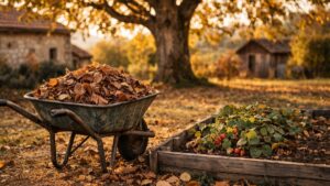 Il paille ses fraisiers avec les feuilles de son grand noyer en octobre : au printemps, les plants restent nains et les jeunes pousses jaunissent