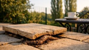 Il regarde les racines du peuplier voisin soulever sa terrasse : depuis l'histoire des branches, il n'ose plus toucher à rien