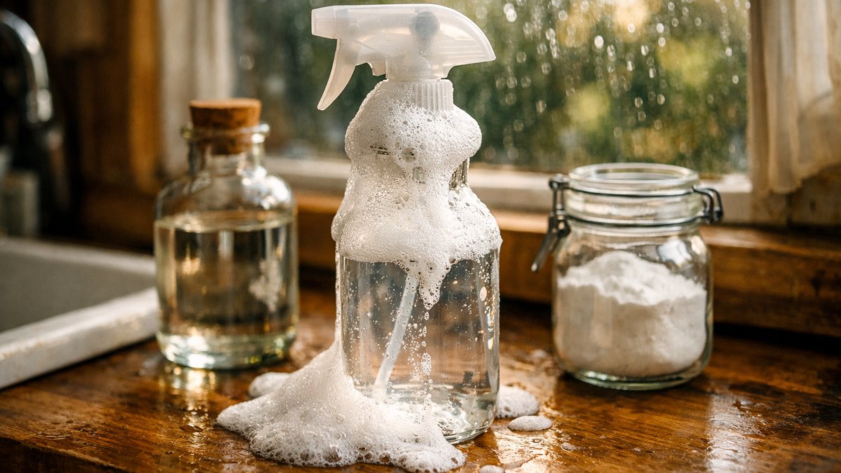 Il remplit son pulvérisateur de vinaigre et de bicarbonate près de Brest : la mousse déborde, mais la tache de calcaire reste exactement à sa place