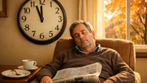 Il se réjouit de dormir une heure de plus fin octobre : dix jours plus tard, il a faim à 11 heures et somnole devant le journal