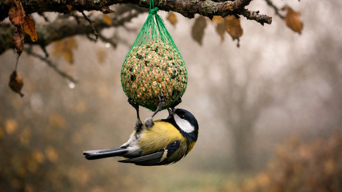 Il suspend des boules de graisse au pommier depuis dix hivers : un matin de novembre, une mésange pend, la patte serrée dans le filet vert
