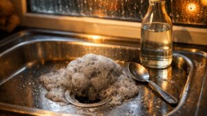 Il verse bicarbonate et vinaigre dans son évier bouché à Rennes : la mousse monte une minute, l'eau stagne encore le soir venu