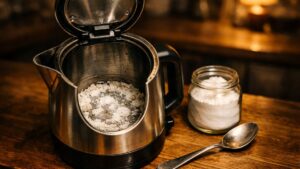 Il verse du bicarbonate dans sa bouilloire entartrée un soir de novembre : le lendemain matin, le fond est toujours aussi blanc qu'avant