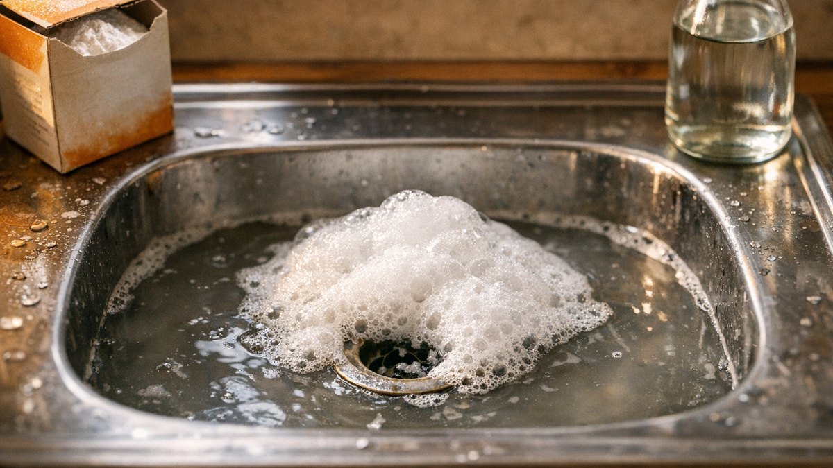 Il verse du bicarbonate et du vinaigre dans son évier bouché : la mousse déborde pendant dix minutes, l'eau grise reste immobile au fond