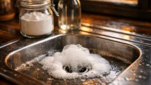 Il verse du bicarbonate puis du vinaigre dans son évier bouché : une heure plus tard, l'eau grise stagne toujours au même niveau