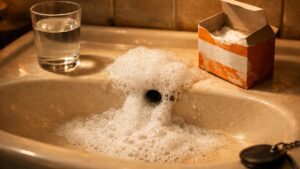 Il verse du bicarbonate puis du vinaigre dans son lavabo bouché : le lendemain matin, l'eau grise stagne au même niveau qu'avant la mousse