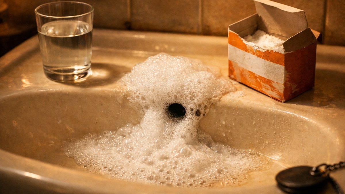 Il verse du bicarbonate puis du vinaigre dans son lavabo bouché : le lendemain matin, l'eau grise stagne au même niveau qu'avant la mousse