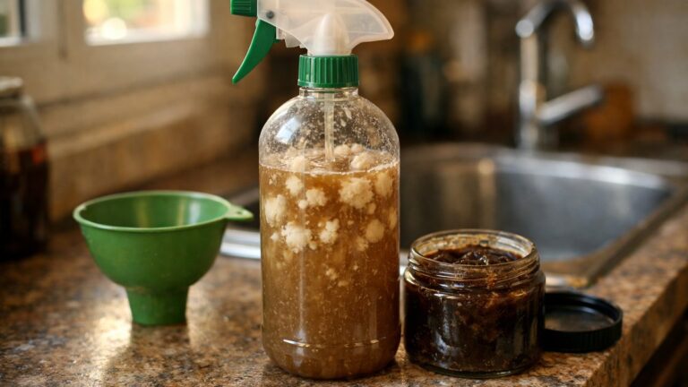 Il verse savon noir et vinaigre blanc dans le même pulvérisateur : en une minute, le liquide se couvre de grumeaux blanchâtres et collants