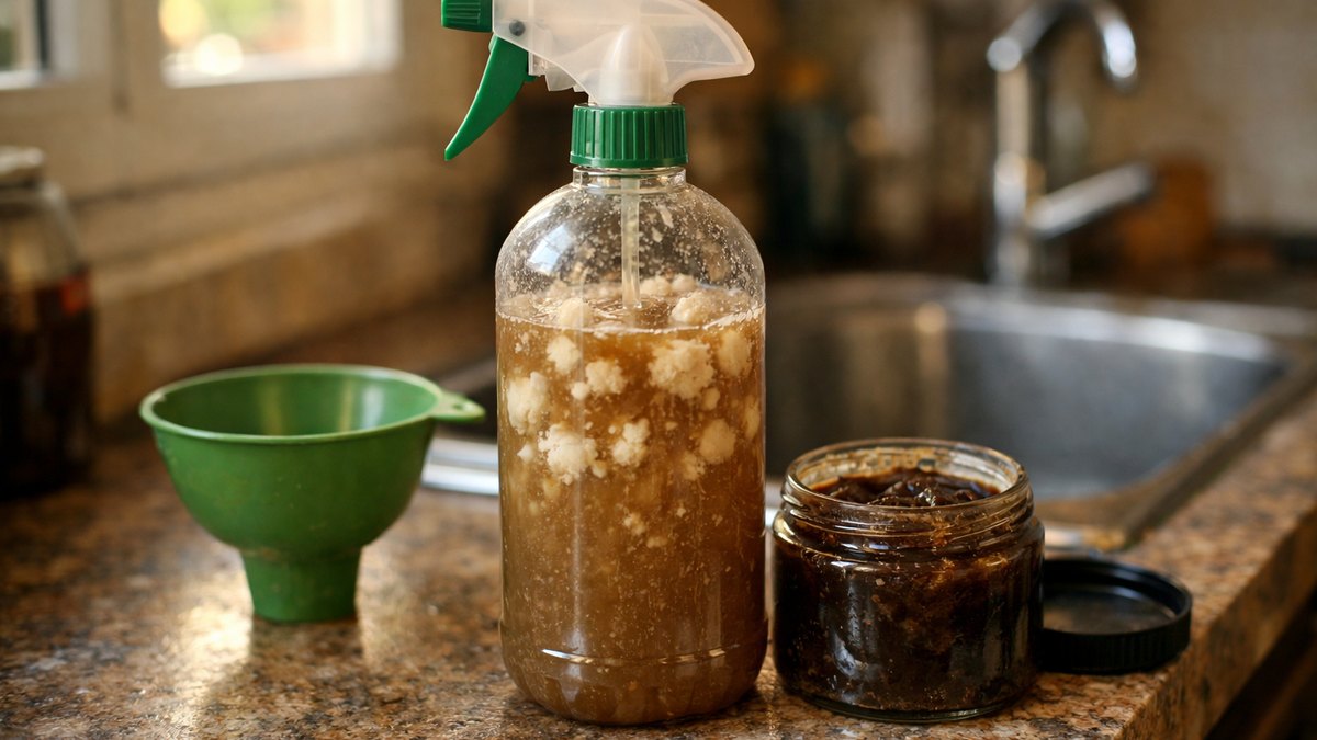 Il verse savon noir et vinaigre blanc dans le même pulvérisateur : en une minute, le liquide se couvre de grumeaux blanchâtres et collants