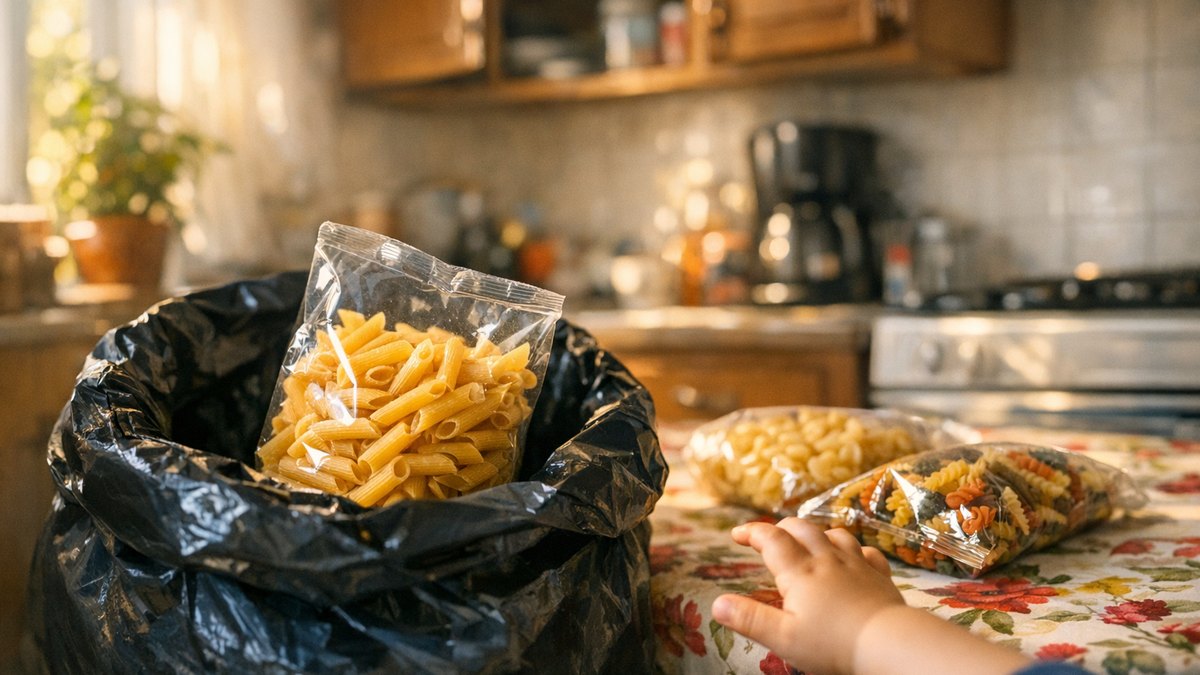 Il vide ses placards un dimanche matin et jette trois paquets de pâtes : sa fille les ressort de la poubelle avant le déjeuner