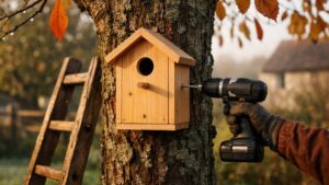 Il visse un nichoir neuf sur son vieux cerisier près de Bourges en octobre : au printemps, ce sont des moineaux qui s'installent, pas les mésanges