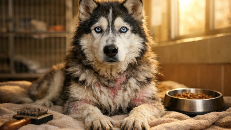 Peau enflammée, griffes trop longues et pelage emmêlé : la lente renaissance de Shiloh, Husky de 9 ans recueilli dans un refuge américain