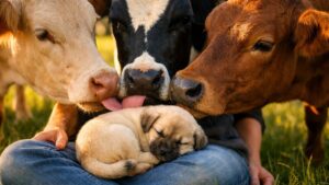 Sur les jambes de sa maîtresse, un chiot au pelage crème reçoit la visite de 3 vaches de la ferme Black Dog Farm