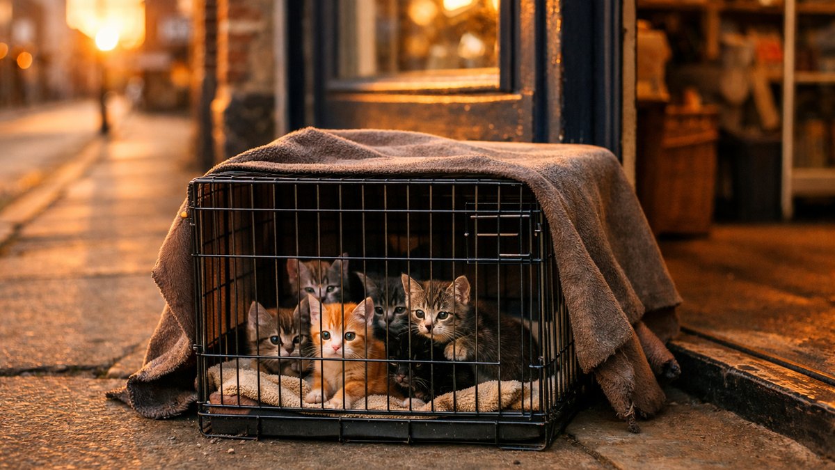 Une cage couverte d'un linge devant une friperie de Canterbury : six chatons affamés et malades sauvés par un commerçant du quartier