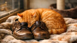 Une paire de chaussures dans un box du refuge The Little Guild : comment Ming, chat roux de 7 ans, a surmonté la séparation