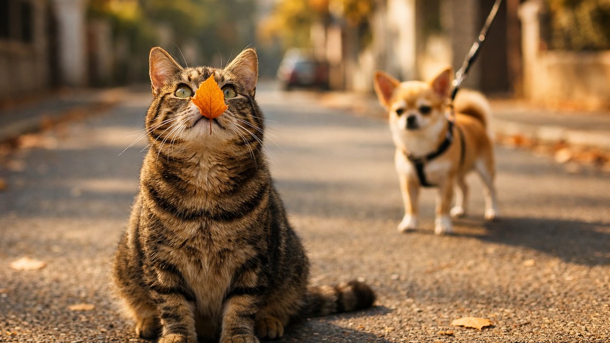 Une simple feuille collée sur le visage : cette chatte tabby est allée chercher l'aide d'une voisine et de son Chihuahua en pleine promenade